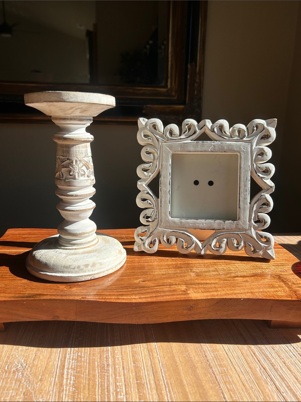 Carved Wood Candlestick & Matching Ornate Square Picture Frame Set